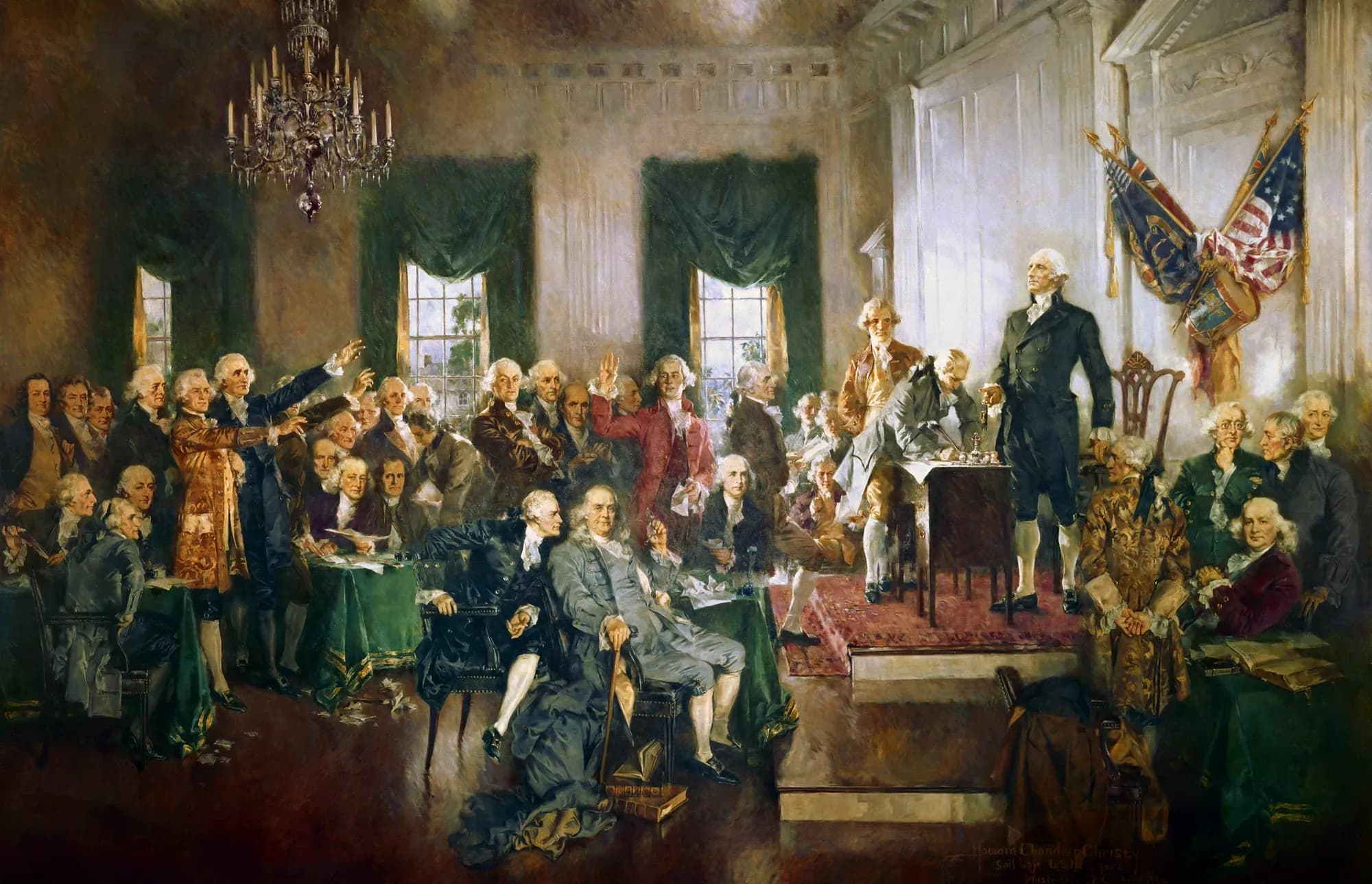 The framers of the Constitution gathered around a table at Independence Hall.