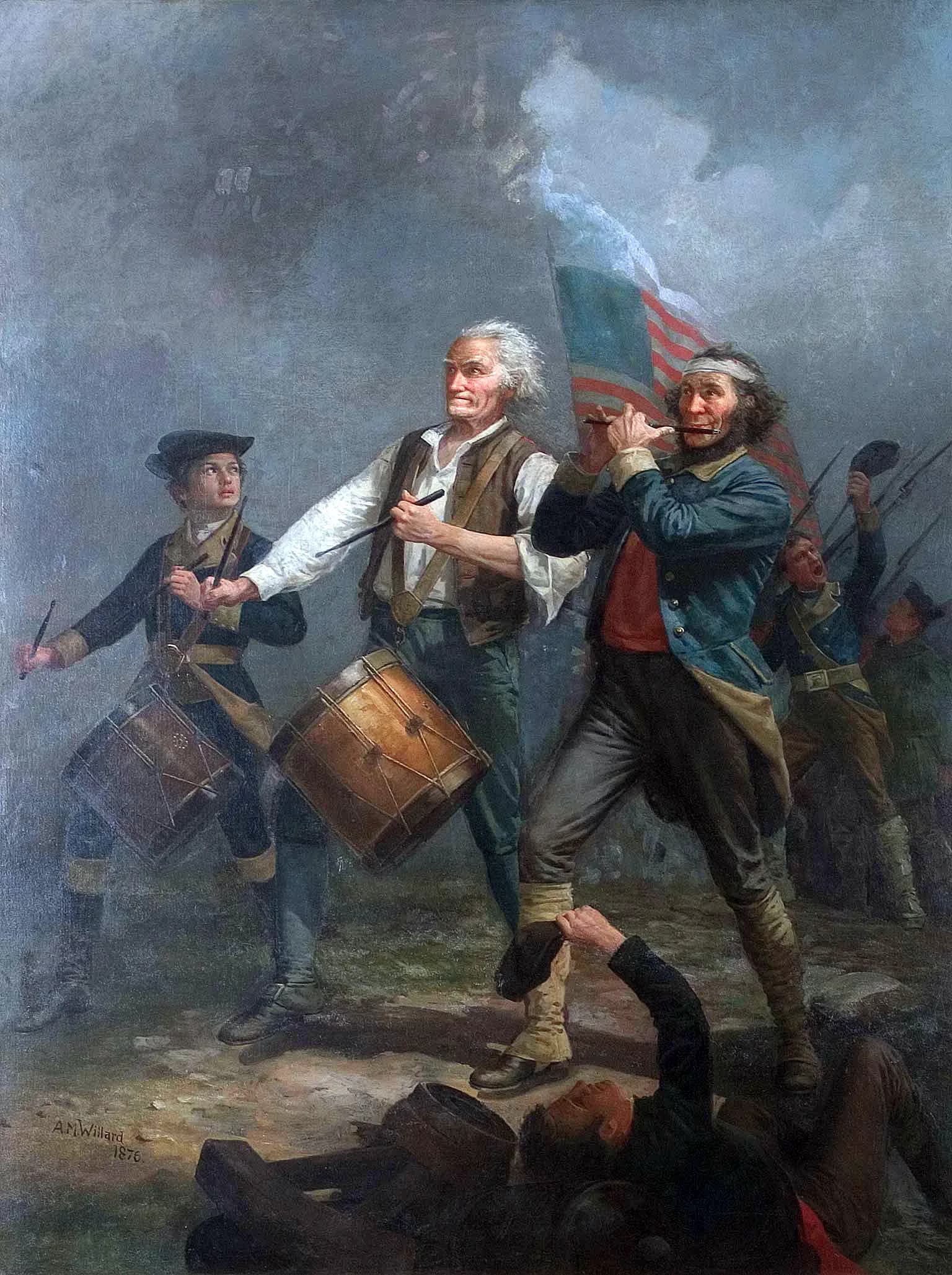 Three Revolutionary figures with fife and drum marching forward through battle.