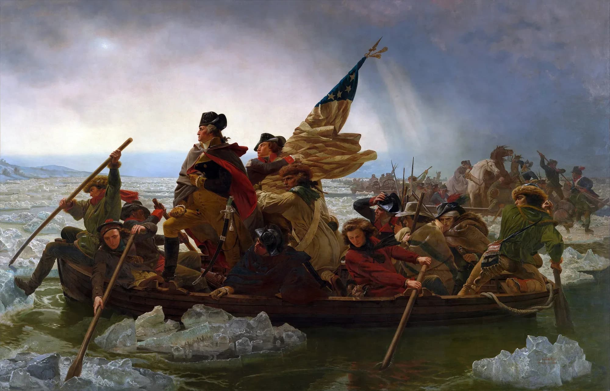 Washington standing in a boat of determined men crossing an icy river at dawn.